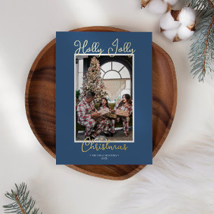 FOIL Blauwe Hulst Kerst Familie Foto Folie Feestdagenkaart