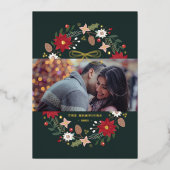 Foil Christmas Wreath Floral Holiday Photo Card Folie Uitnodiging (Voorkant)