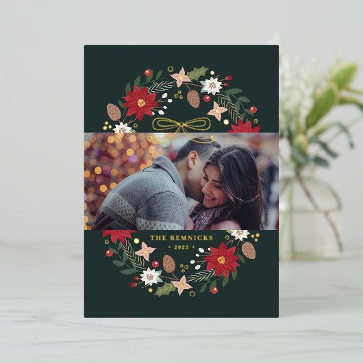 Foil Christmas Wreath Floral Holiday Photo Card Folie Uitnodiging (Staand Voorkant)