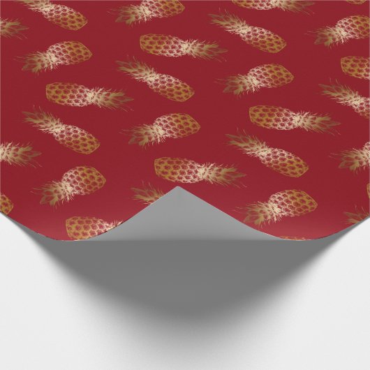 Foil Gold Tropical Pineapple Pattern Big Red Cadeaupapier (Hoek)