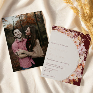 FOIL Herfst Bloemrijk Burgundy Modern Foto Bruilof Folie Uitnodiging