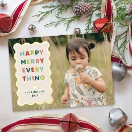 Foil Ivory Happy Merry Wavy Christmas Photo Card Folie Uitnodiging