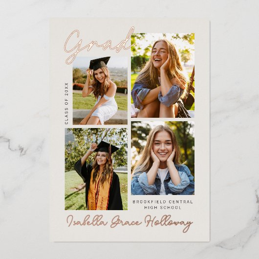 Foil Modern Grad Announcement Multiple Photos Folie Uitnodiging (Voorkant)