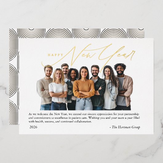 Foil New Year Greetings Photo with Art Deco  Folie Uitnodiging (Voorkant / Achterkant)