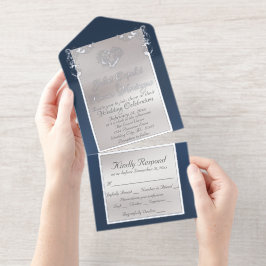 Foil Ornate Frame & Heart - Blue All In One Uitnodiging
