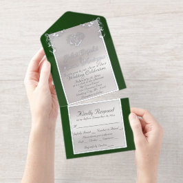 Foil Ornate Frame & Heart - Emerald All In One Uitnodiging