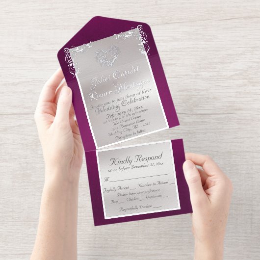 Foil Ornate Frame & Heart - Purple All In One Uitnodiging (Uittrekbaar)
