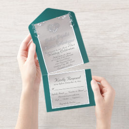 Foil Ornate Frame & Heart - Teal All In One Uitnodiging