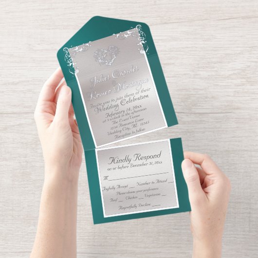 Foil Ornate Frame & Heart - Teal All In One Uitnodiging (Uittrekbaar)