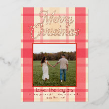 Foil Pink Plaid Vintage Merry Christmas Card