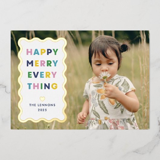 Foil White Happy Merry Wavy Christmas Photo Card Folie Uitnodiging (Voorkant)