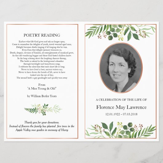 Foldable memorial Programme, greenery & roos gold Flyer (Voorkant)