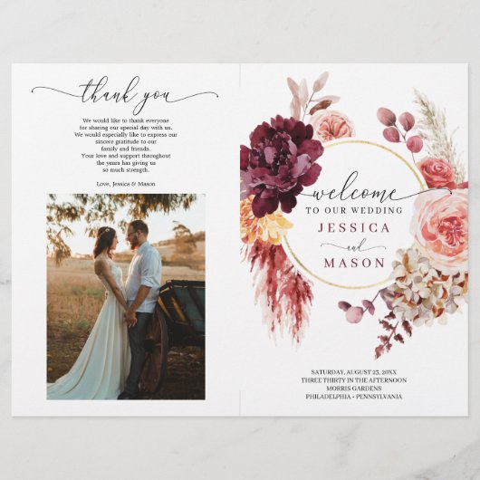 Folded Boho Pampas Grass Wedding Programme Flyer (Voorkant)