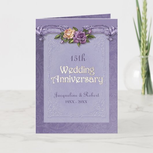 Folded Damask Rozen Paars 15th Jubileum Kaart (Voorkant)