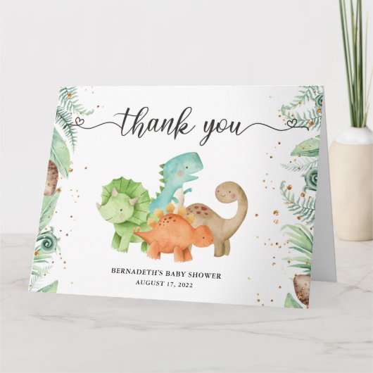 Folded Greenery Floral Gold Confetti Dinosaurs Bedankkaart (Voorkant)