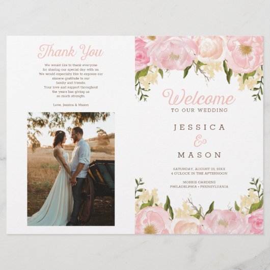 Folded Pink Floral Wedding Program Booklet Flyer (Voorkant)