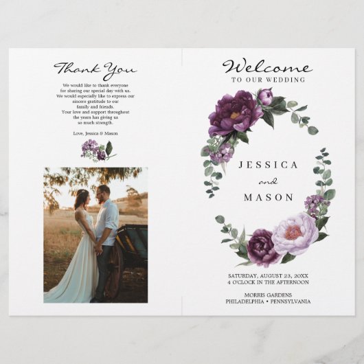 Folded Plum Peonies Wedding Program Booklet Flyer (Voorkant)
