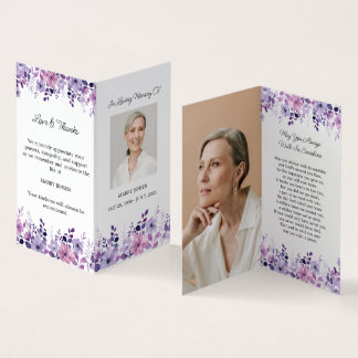 Folded Purple Flower Photo Funeral Prayer Card Visitekaartje