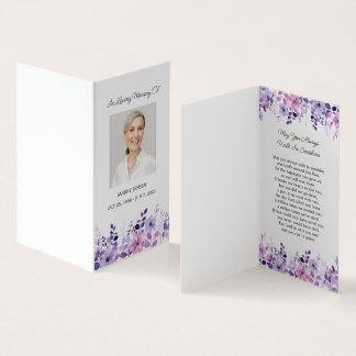 Folded Purple Flower Photo Funeral Prayer Card Visitekaartje