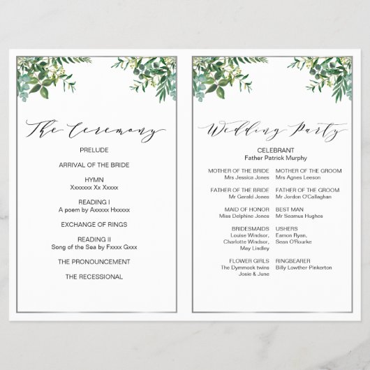 Folded Silver & Greenery bruiloft Program Flyer (Achterkant)