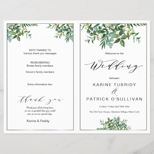 Folded Silver & Greenery bruiloft Program Flyer (Voorkant)