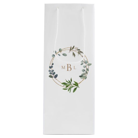 Foliage and Gold Monogram White Elegant II Wedding Wijn Cadeautas (Voorkant)