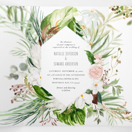 Foliage + bloemenbruiloft uitnodiging en details (Binnenkant midden)