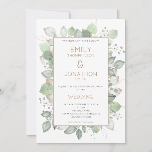 Foliage Border Gouden Sage Bruiloft Uitnodiging (Voorkant)