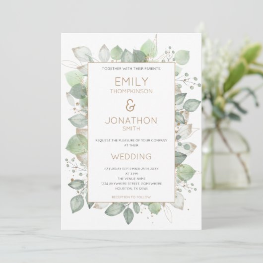 Foliage Border Gouden Sage Bruiloft Uitnodiging (Staand voorkant)