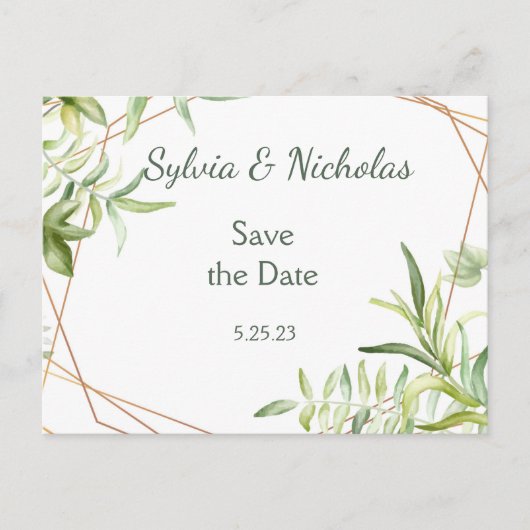 Foliage Botanical Green Blauwgroen Gold Save the D Aankondigingskaart (Voorkant)