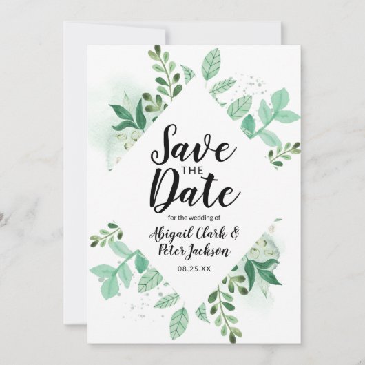 Foliage Botanical Mint Diamond Lijst Chic Save The Date (Voorkant)