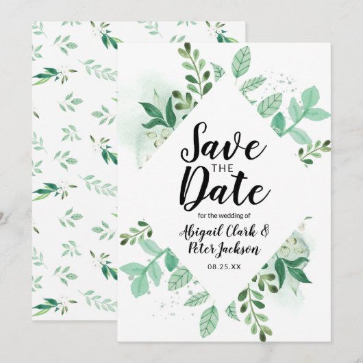 Foliage Botanical Mint Diamond Lijst Chic Save The Date (Voorkant / Achterkant)