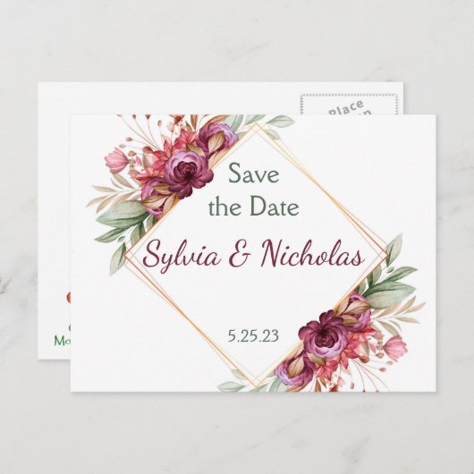 Foliage Botanische Bourgogne Rozen redden de data Aankondigingskaart (Voorkant / Achterkant)