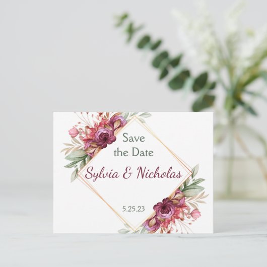 Foliage Botanische Bourgogne Rozen redden de data Aankondigingskaart (Staand voorkant)