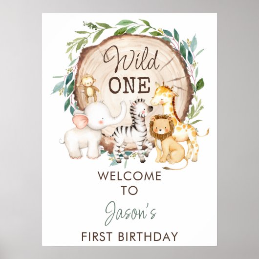 Foliage boys Safari First Birthday Welcome Sign Poster (Voorkant)