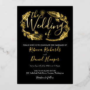 Foliage Chic Script Weduwing Black and Gold Foil i Folie Uitnodiging