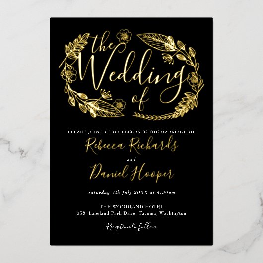 Foliage Chic Script Weduwing Black and Gold Foil i Folie Uitnodiging (Voorkant)