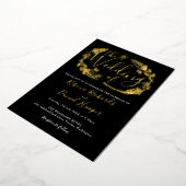 Foliage Chic Script Weduwing Black and Gold Foil i Folie Uitnodiging (Gedraaid)