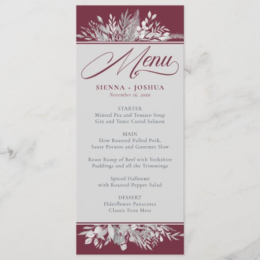 Foliage Duet Burgundy Grey Botanical Wedding Menu (Voorkant)