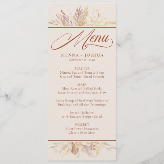 Foliage Duet Cream Terracotta Botanische bruiloft Menu (Voorkant)
