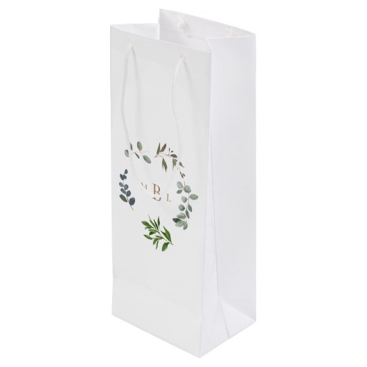 Foliage en Gold Monogram White Elegant Wedding Wijn Cadeautas (Achterkant Gekanteld)