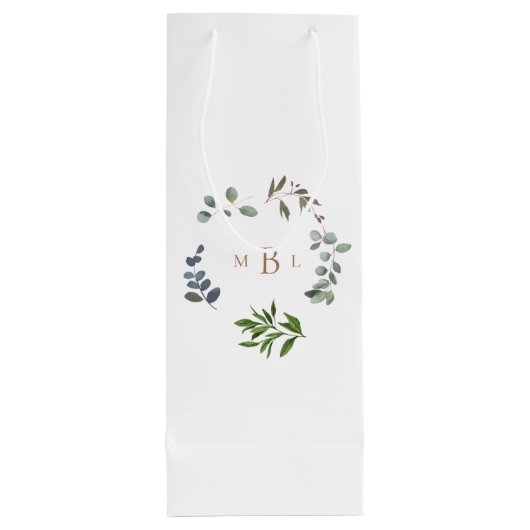 Foliage en Gold Monogram White Elegant Wedding Wijn Cadeautas (Achterkant)