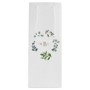 Foliage en Gold Monogram White Elegant Wedding Wijn Cadeautas