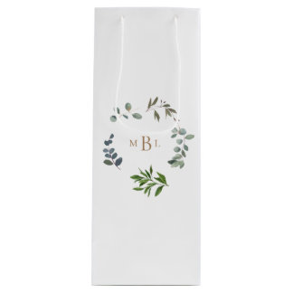 Foliage en Gold Monogram White Elegant Wedding Wijn Cadeautas
