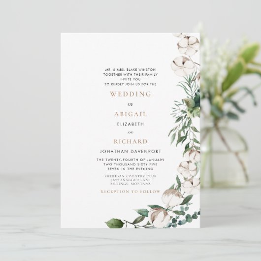 Foliage en katoenbruidjes bruiloft tussen ouders kaart (Staand voorkant)