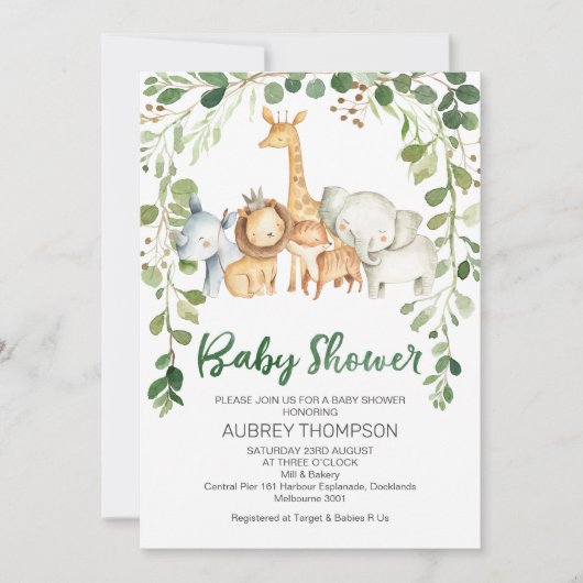 Foliage en safari dieren Baby shower uitnodiging (Voorkant)