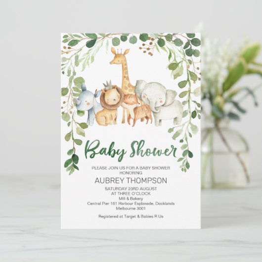 Foliage en safari dieren Baby shower uitnodiging (Staand voorkant)