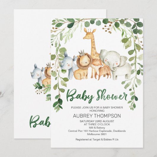 Foliage en safari dieren Baby shower uitnodiging (Voorkant / Achterkant)