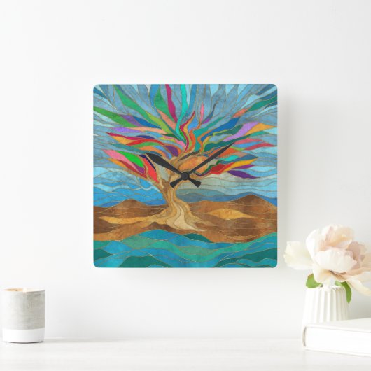 Foliage Fantasy Mozaïek Boom Vierkante Klok (Huis)