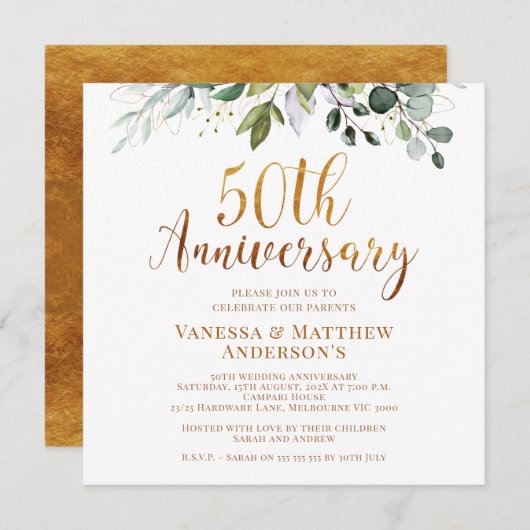 Foliage Faux Gold Calligraphy 50th Jubileum Kaart